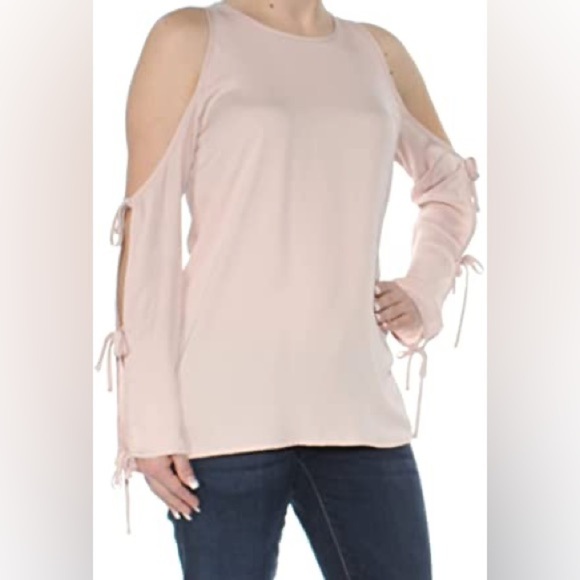 Revolve L'Academie Cold Shoulder Tie Long Sleeve Blouse Taupe Pink Size Small - Picture 4 of 16